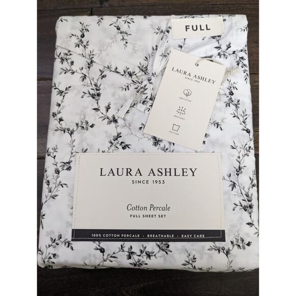 Laura Ashley Full Sheet Set “Sara’s Sprig” 4pc Cottage White Black - Picture 1 of 5